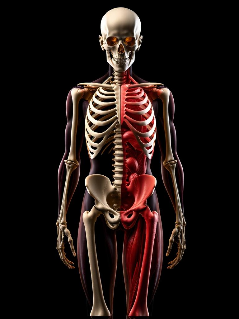 Corpo humano metade esqueleto metade músculos